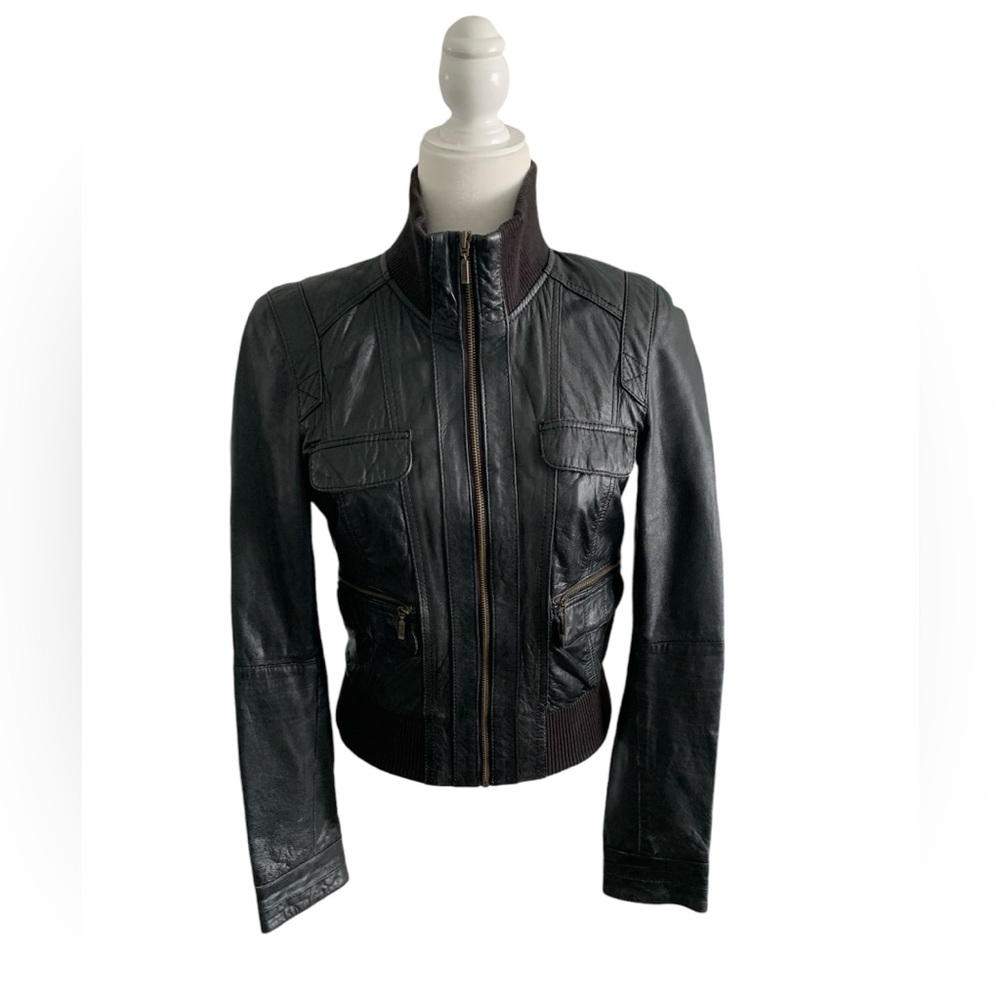 Zara TRF Leather Collection Black Genuine Leather Bomber Jacket | Women’s Size M